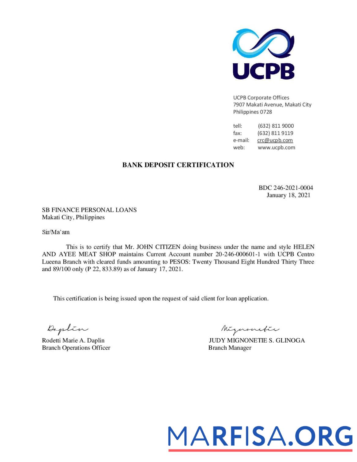 Филиппины UCPB Банковский Депозит Сертификация Письмо макет