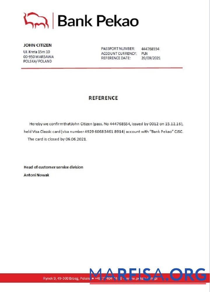 Польша Банковский Pekao closure Справка образец