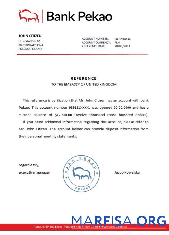 Польша Банковский Pekao Справка шаблон