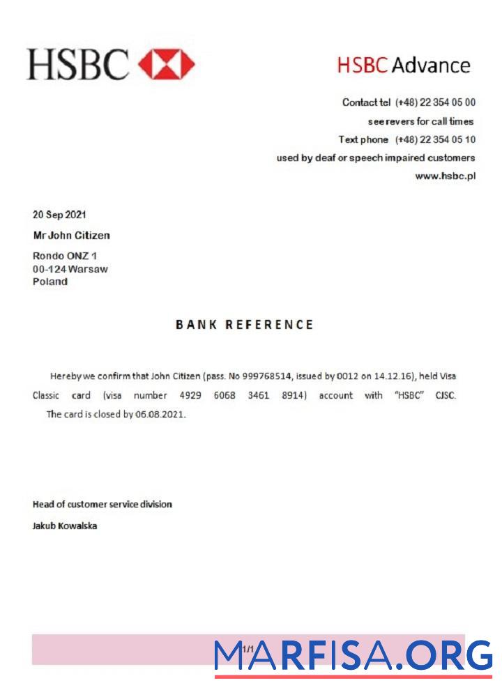 Польша HSBC Advance closure Справка предпросмотр