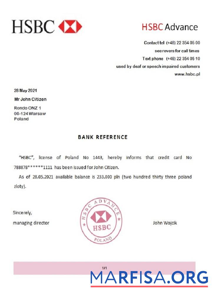 Польша HSBC Advance Справка шаблон
