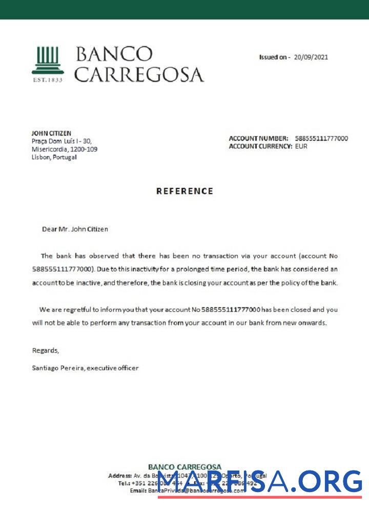 Португалия Banco Carregosa closure Справка макет