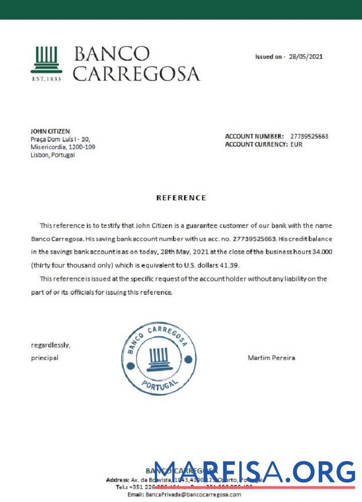 Португалия Banco Carregosa Справка образец