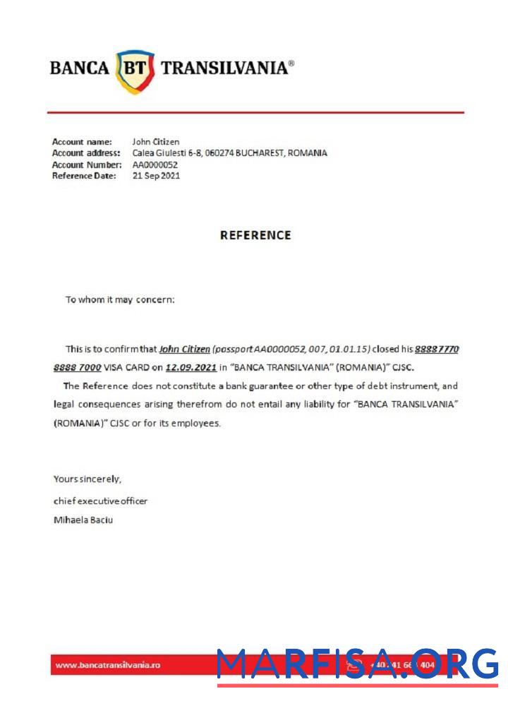 Румыния Banca Transilvania closure Справка шаблон