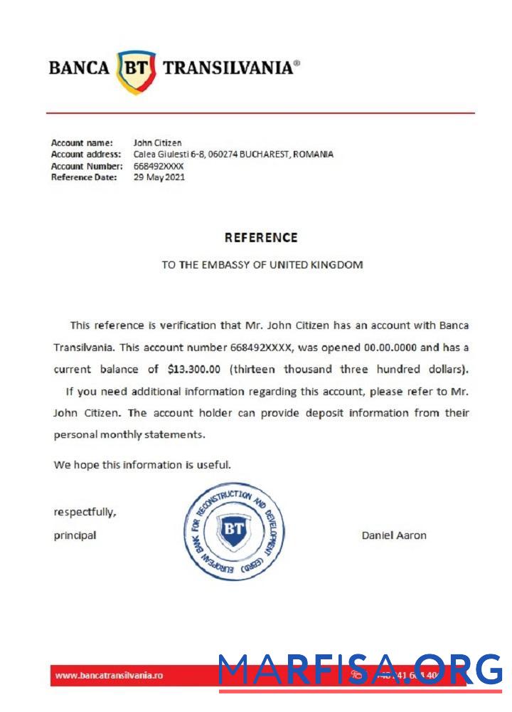 Румыния Banca Transilvania Справка образец