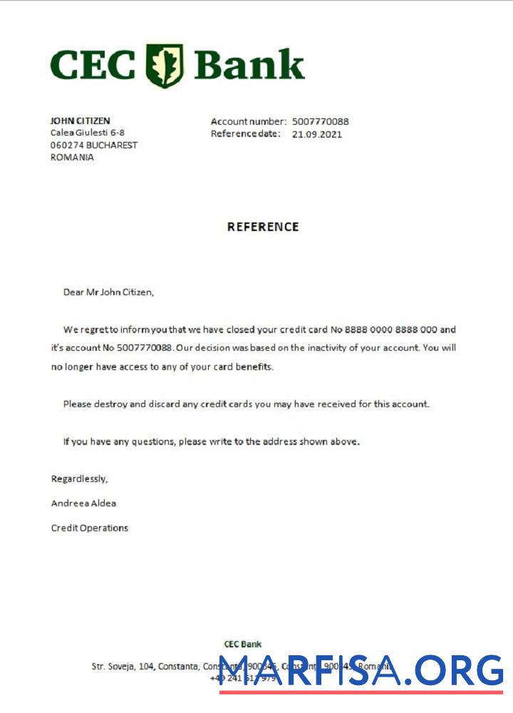 Румыния CEC Банковский closure Справка макет