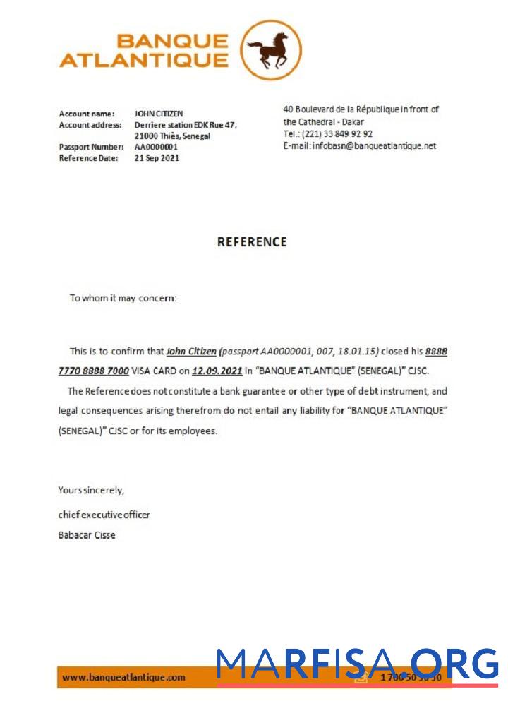 Сенегал Banque Atlantique closure Справка шаблон