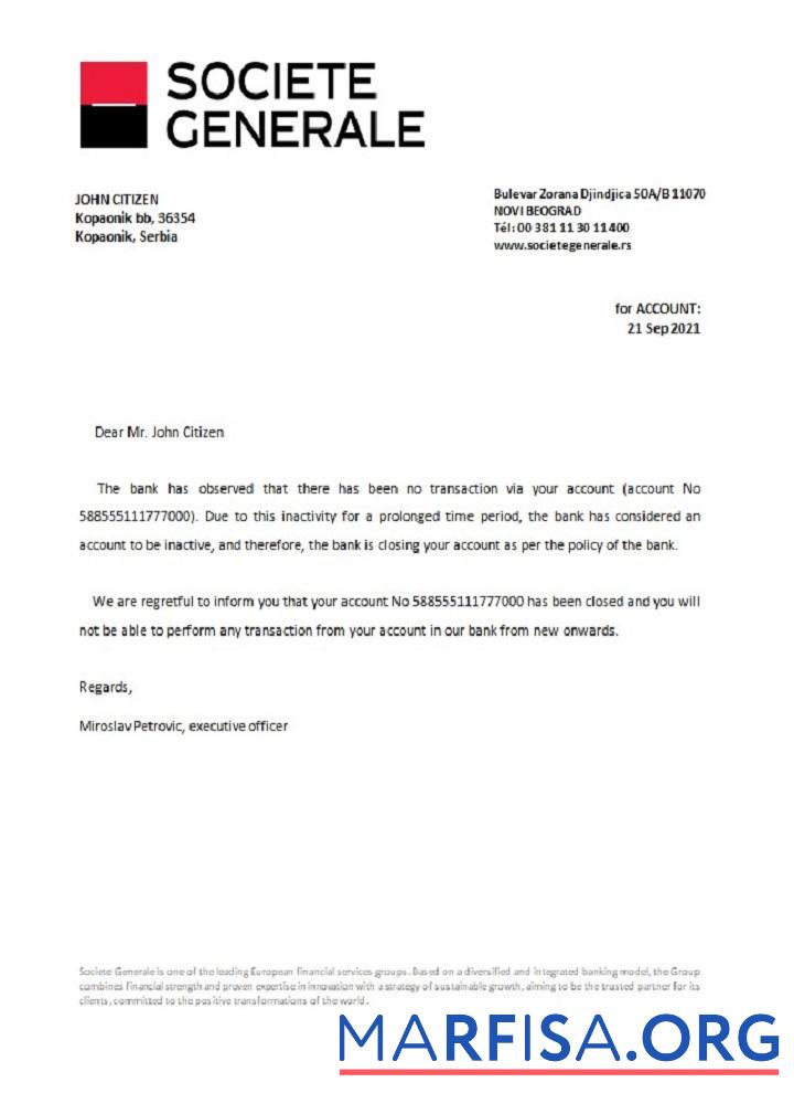 Сербия Societe Generale closure Справка макет