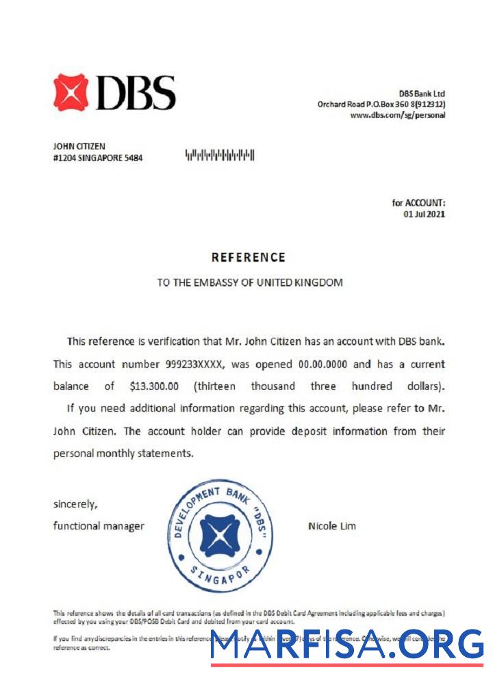 Сингапур DBS Банковский Справка образец