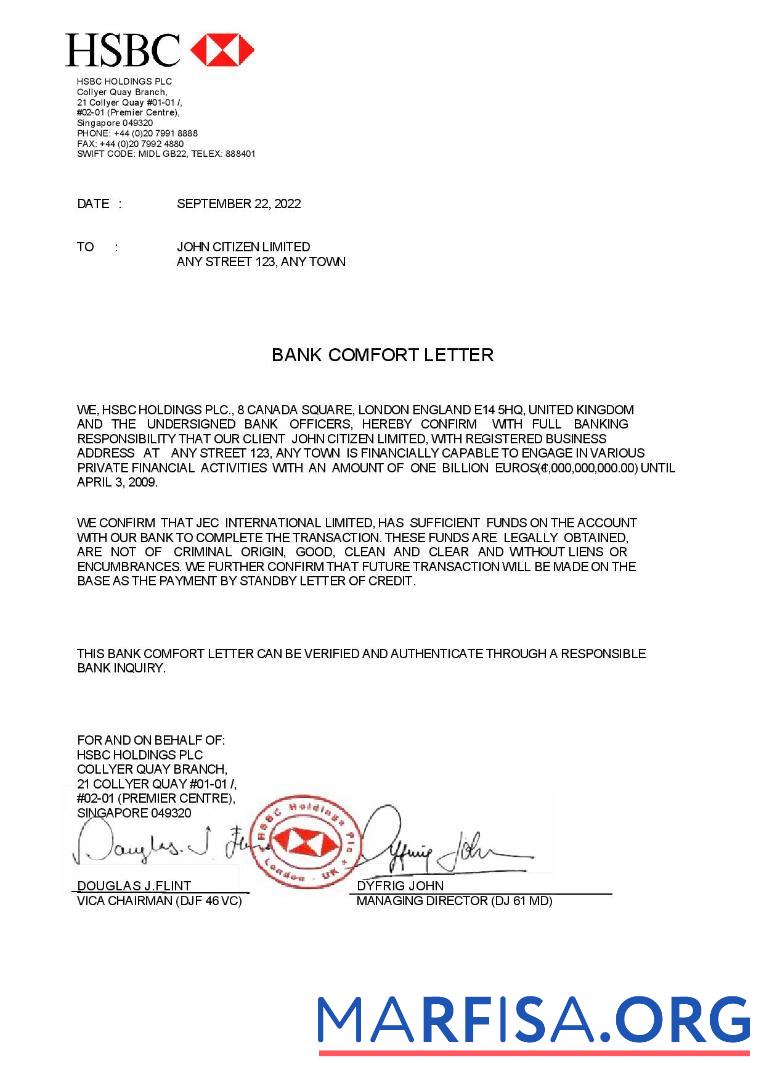 Сингапур HSBC Банковский Справка Письмо предпросмотр