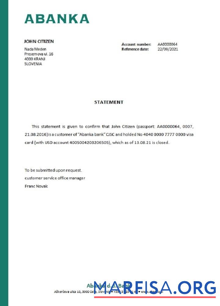 Словения Abanka closure Справка дизайн