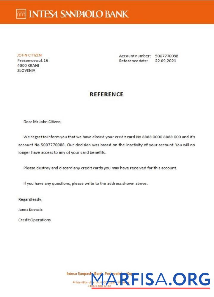 Словения Intesa Sanpaolo Банковский closure Справка образец