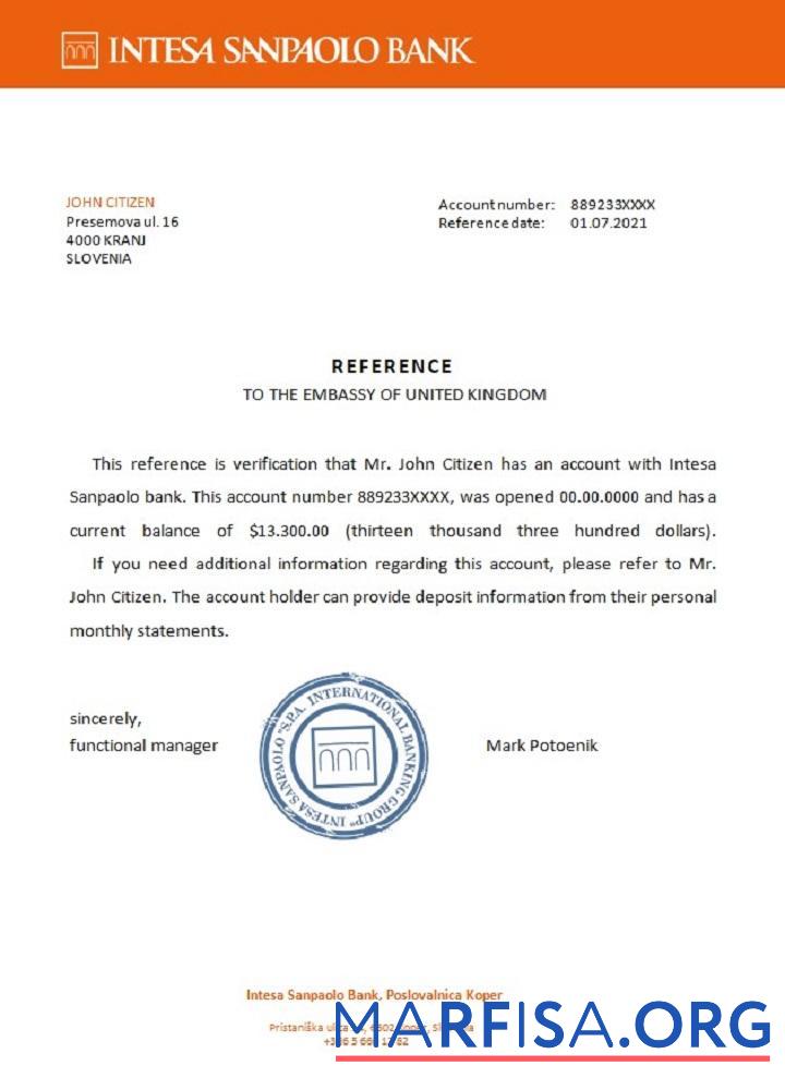 Словения Intesa Sanpaolo Банковский Справка дизайн