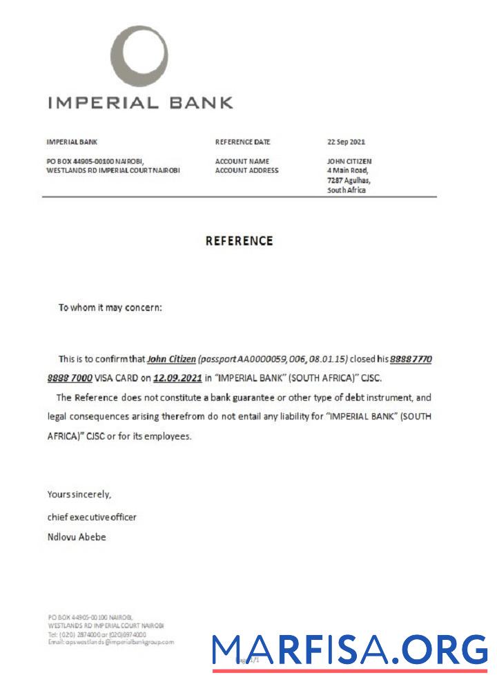 Южная Африка Imperial Банковский closure Справка образец
