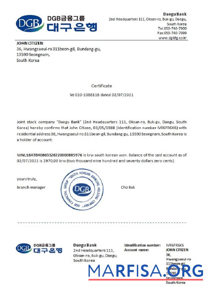 Южная Корея DGB Банковский Справка макет