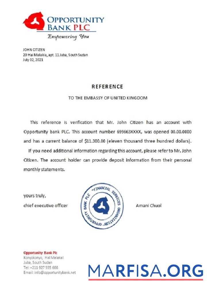 Южный Судан Opportunity Банковский Справка шаблон