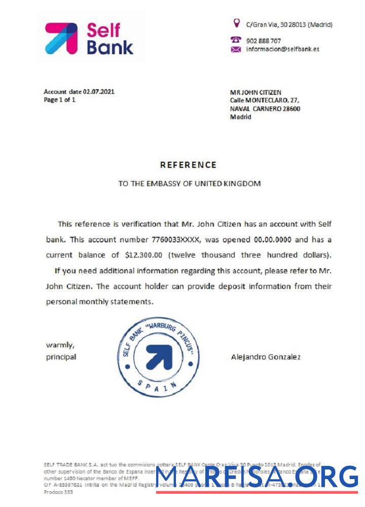 Испания Self Банковский Справка предпросмотр