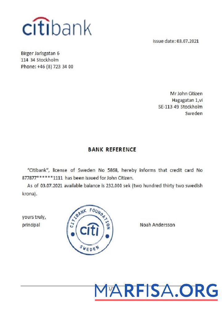 Швеция Citibank Справка образец
