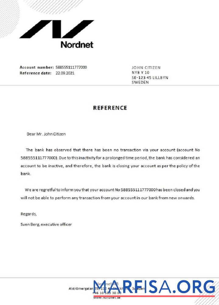 Швеция Nordnet closure Справка образец
