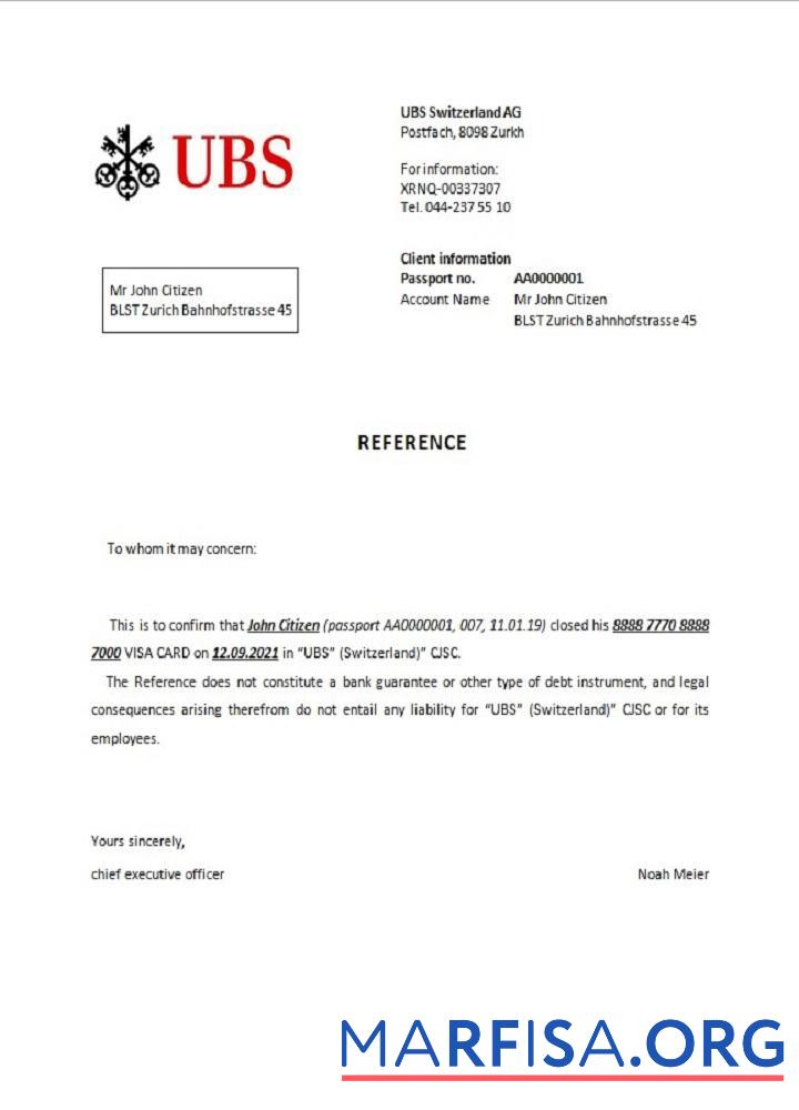 Швейцария UBS closure Справка шаблон