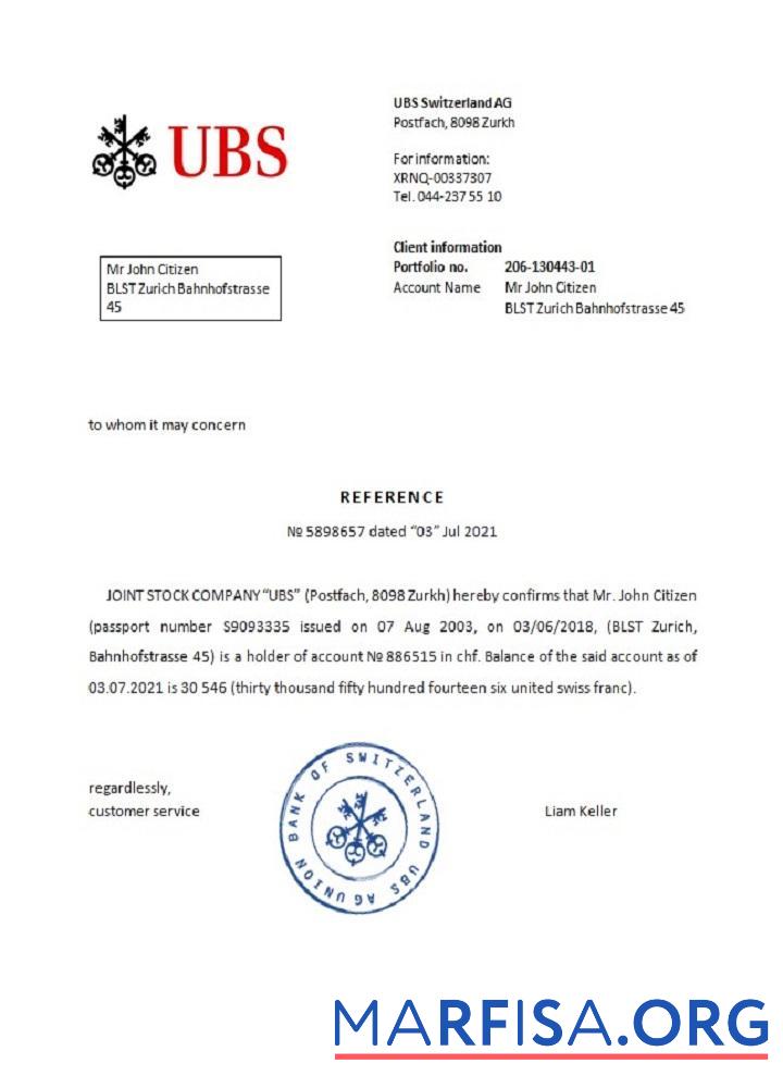Швейцария UBS Справка макет
