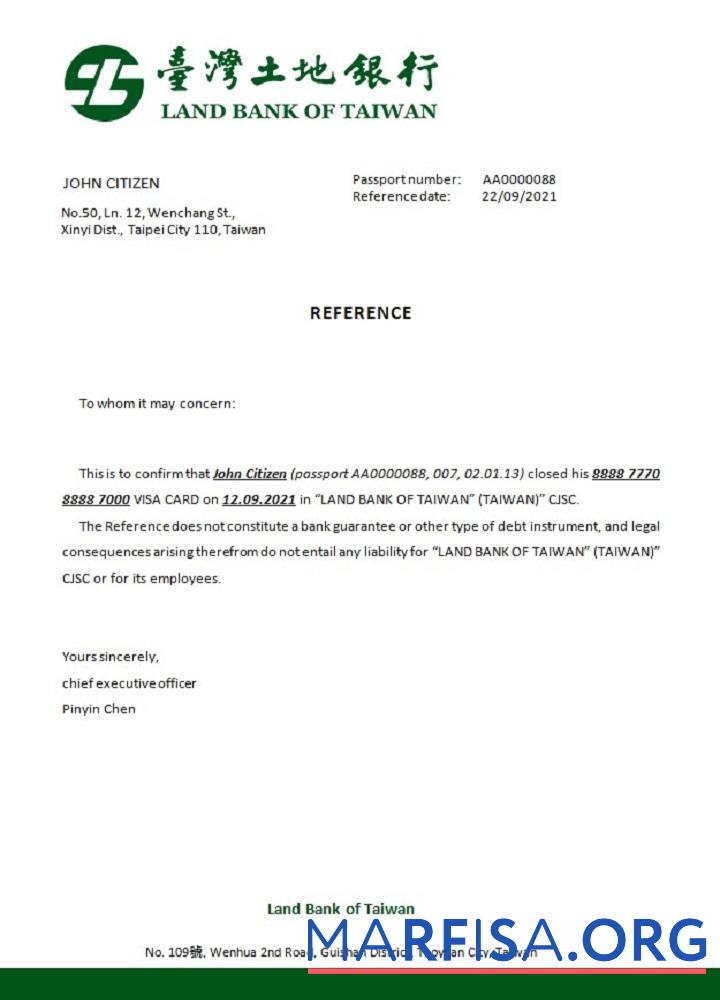 Тайвань Land Банковский of Тайвань closure Справка образец
