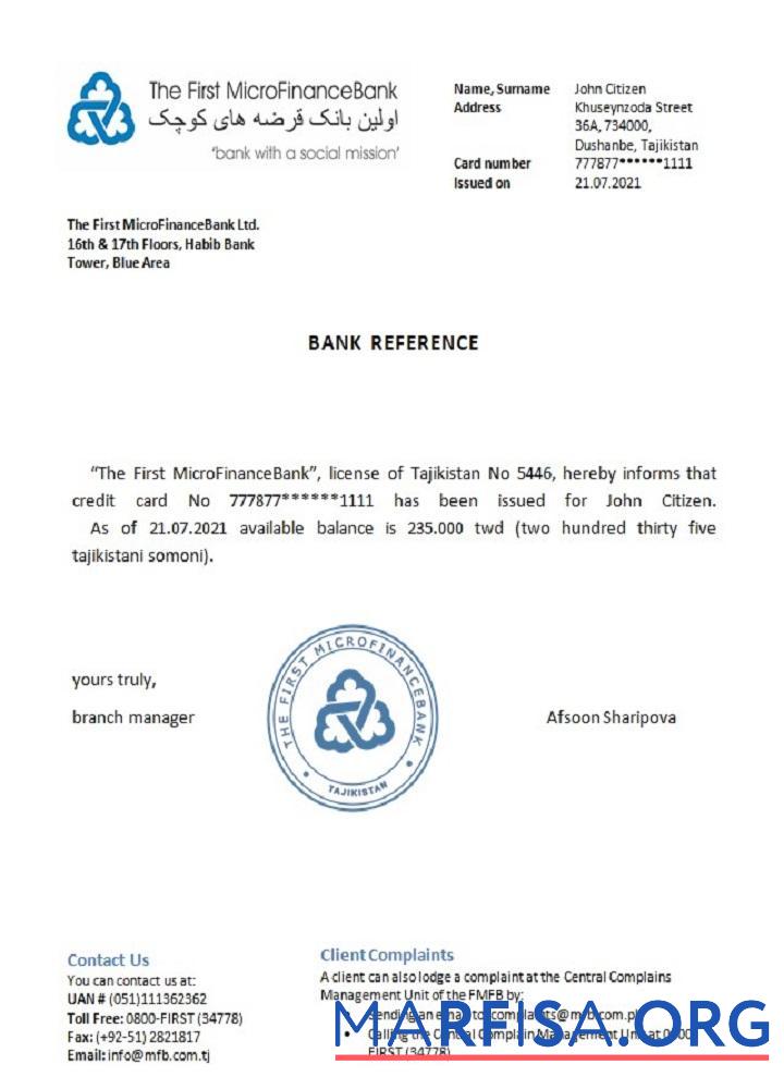Таджикистан The First MicroFinanceBank Справка предпросмотр