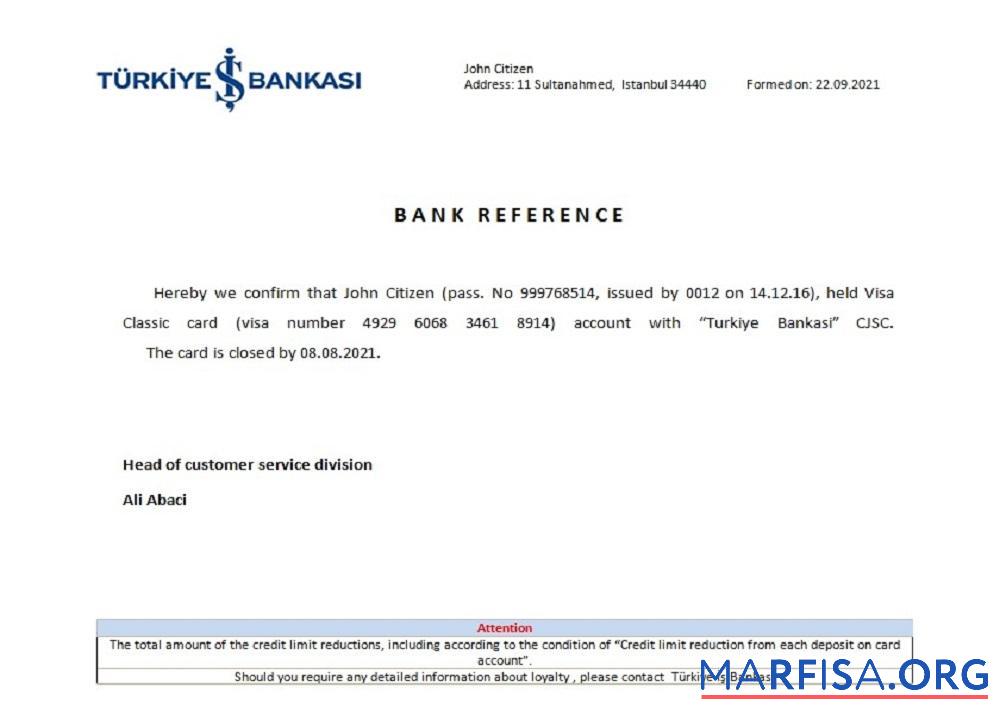 Турция Is Bankasi closure Справка образец