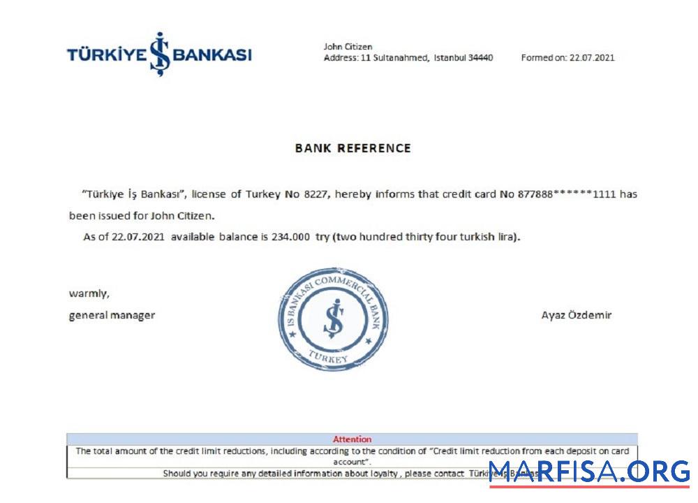 Турция Is Bankasi Справка макет