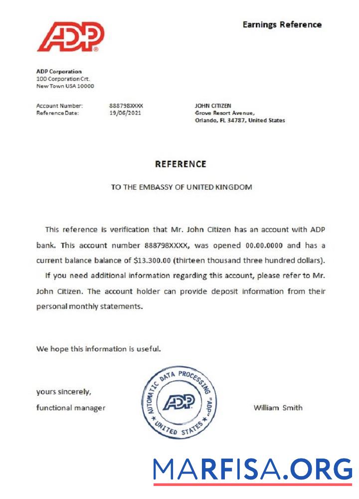 США ADP Справка образец
