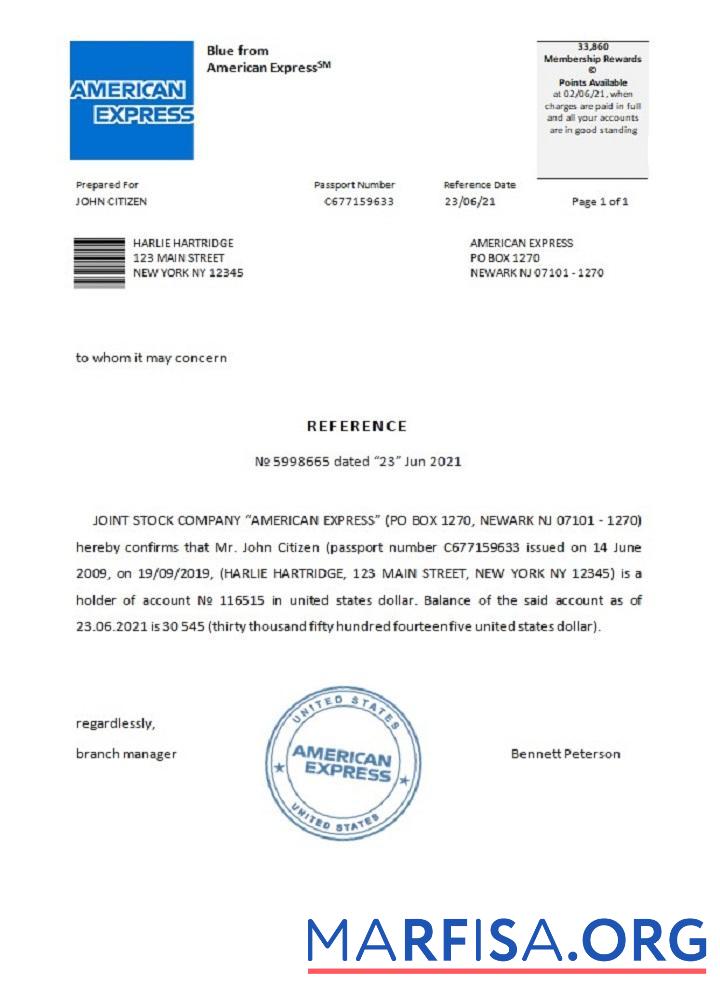 США American Express Справка шаблон