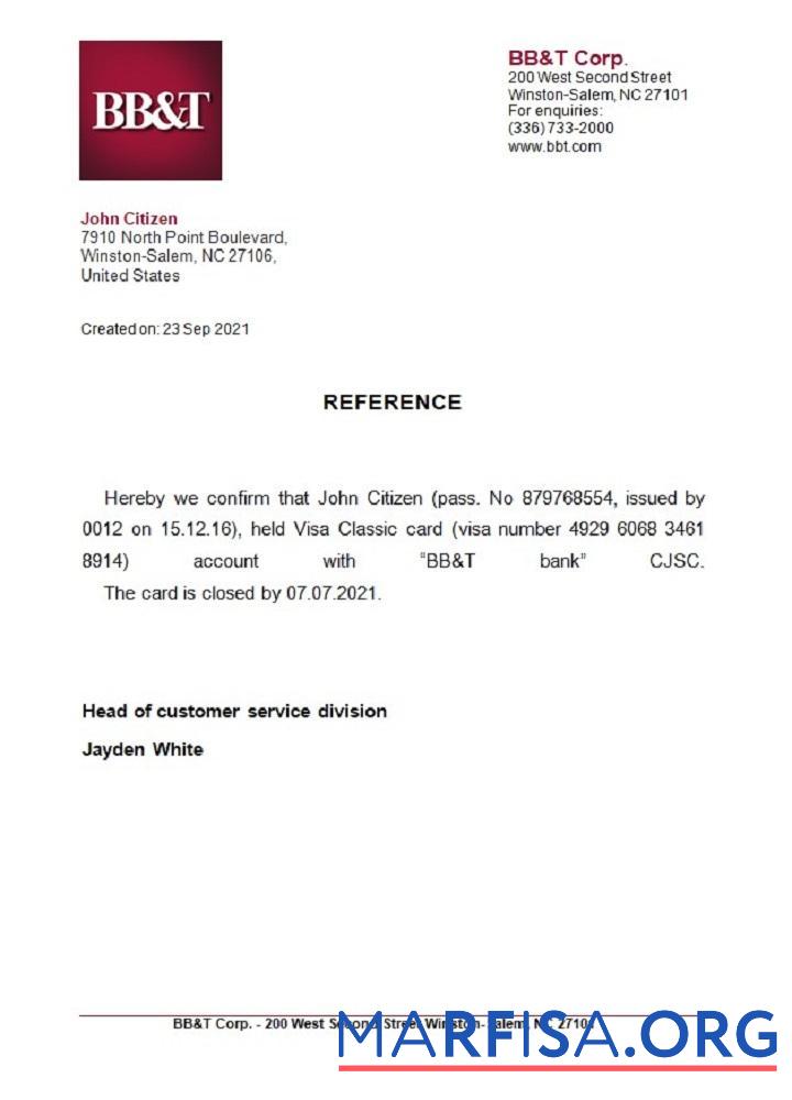 США BB&T closure Справка макет