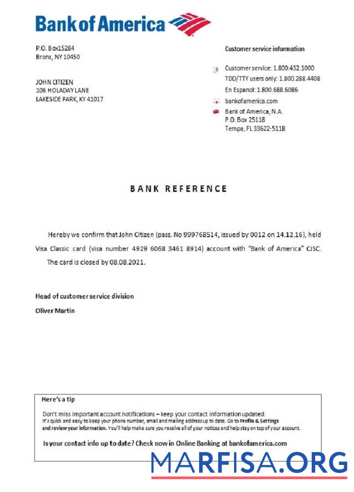 США Банковский of Америка closure Справка макет
