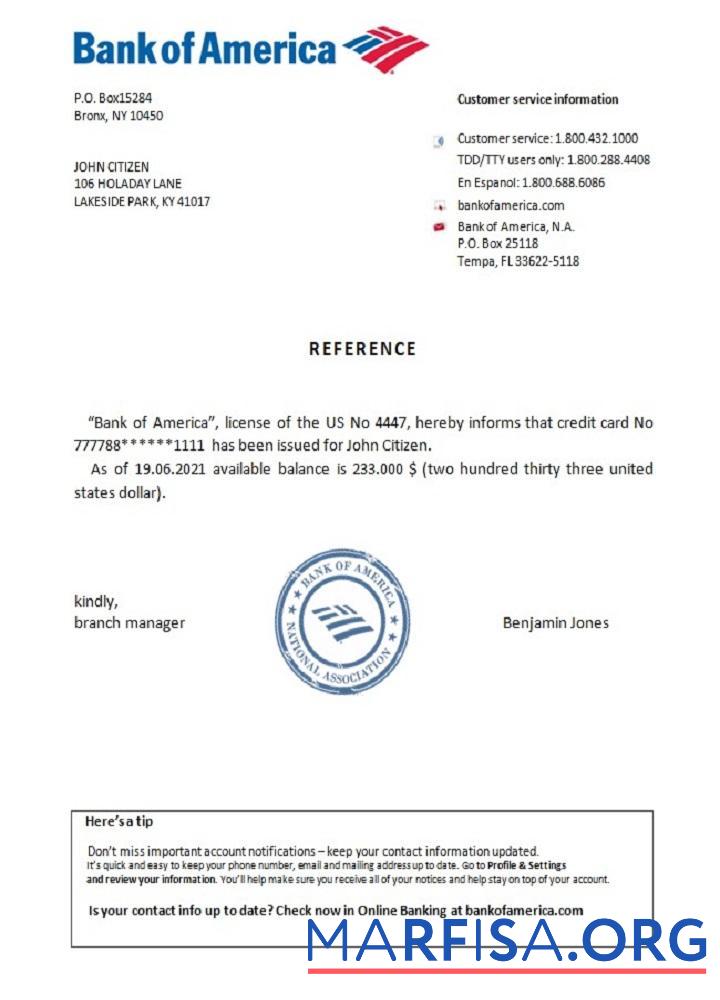 США Банковский of Америка Справка предпросмотр