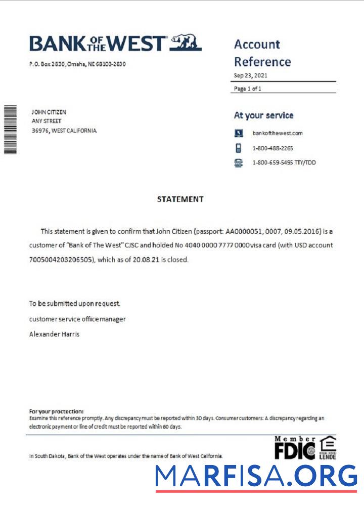 США Банковский of the West closure Справка предпросмотр