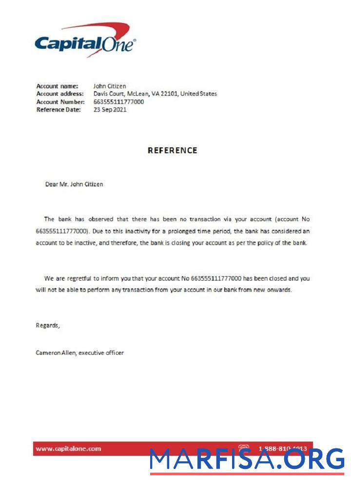 США Capital One closure Справка макет