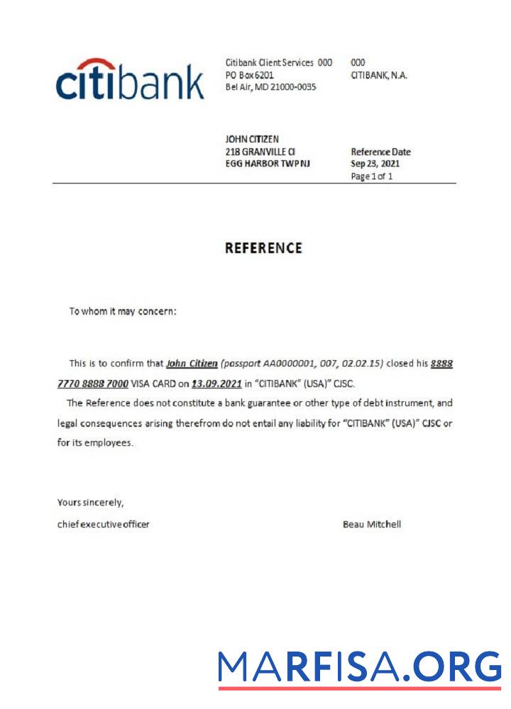 США Citibank closure Справка шаблон