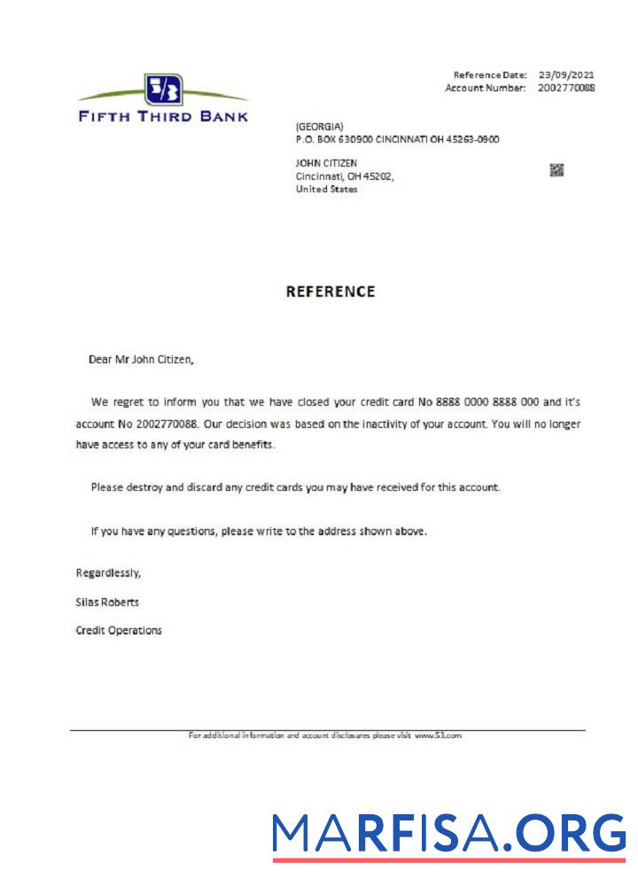 США Fifth Third Банковский closure Справка шаблон