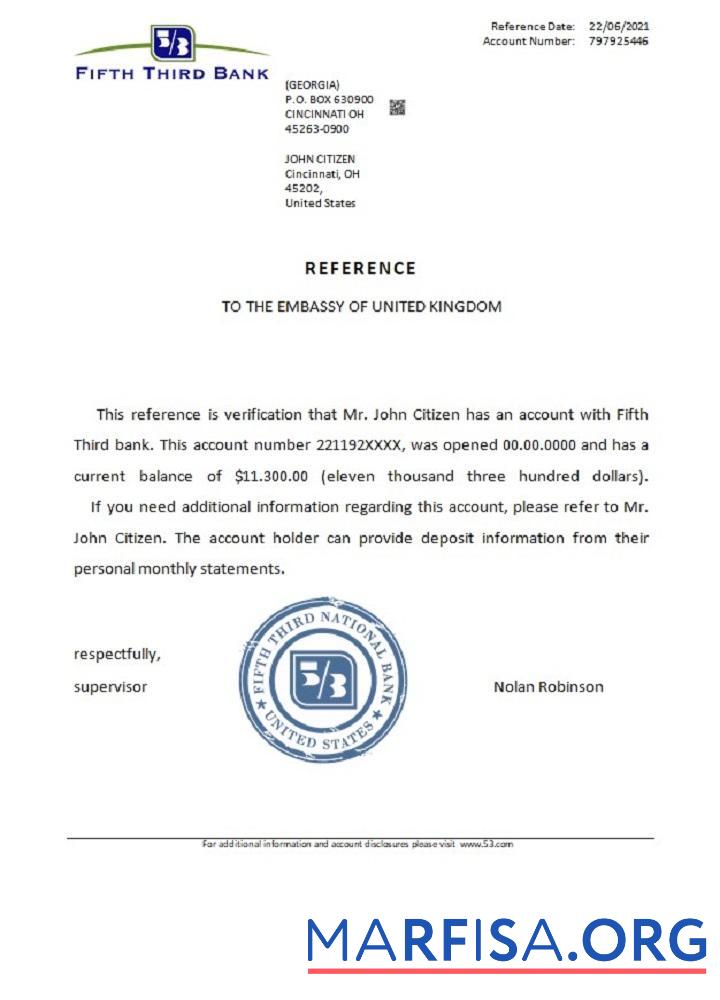 США Fifth Third Банковский Справка образец