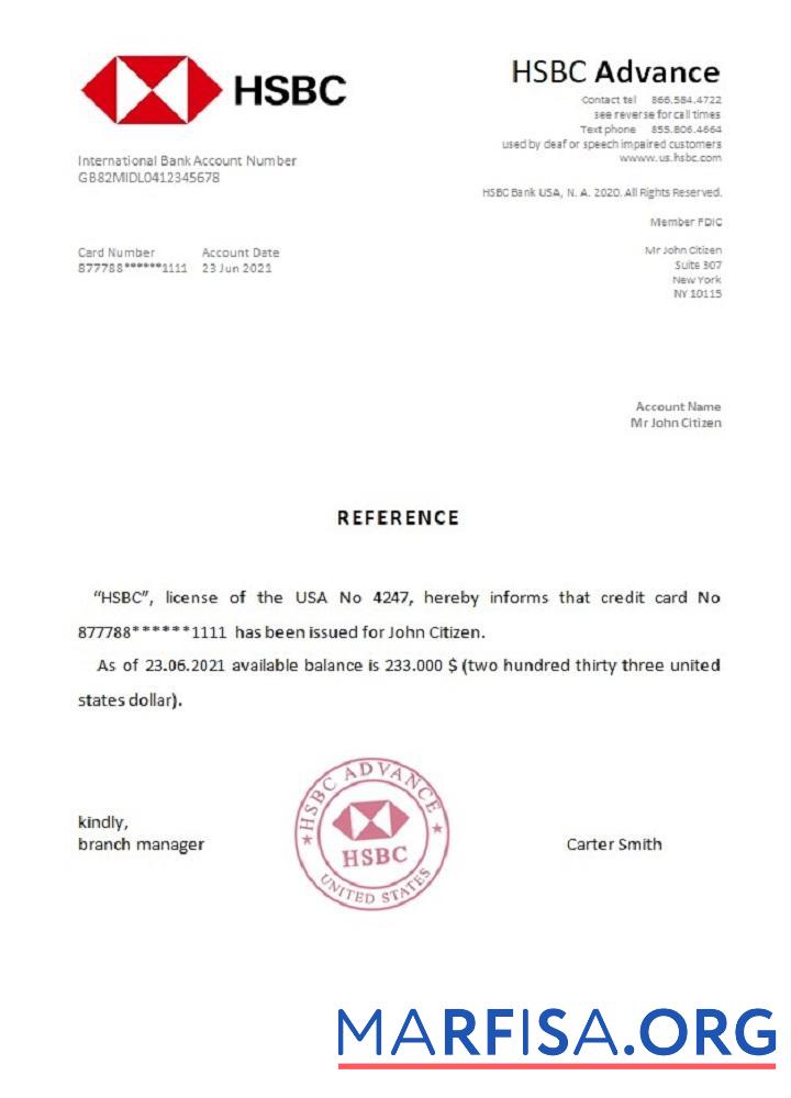 США HSBC Справка шаблон