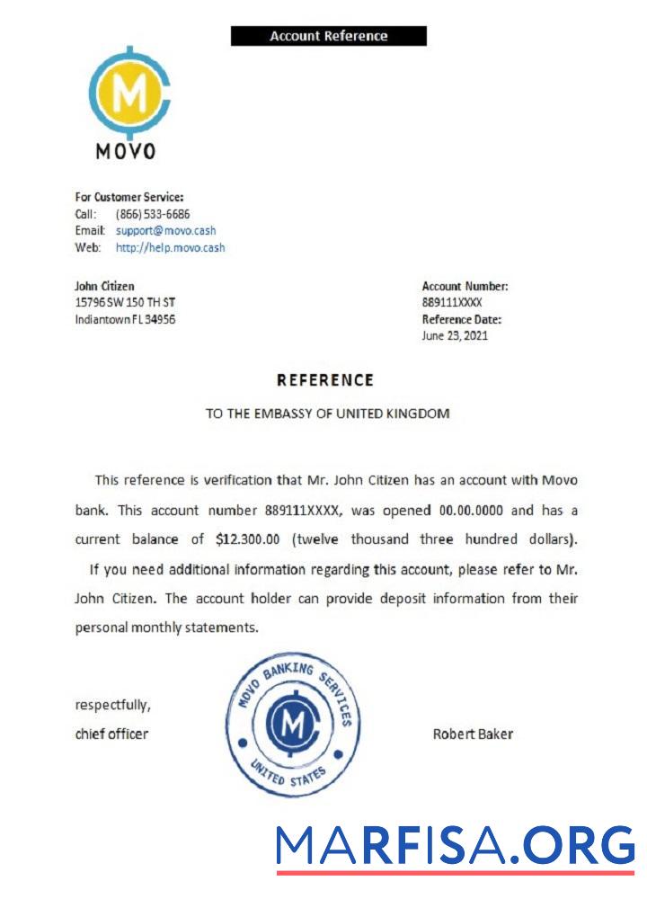 США Movo Справка образец