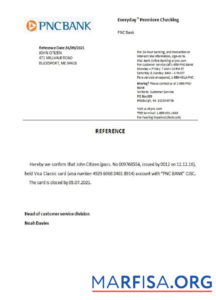 США PNC closure Справка дизайн