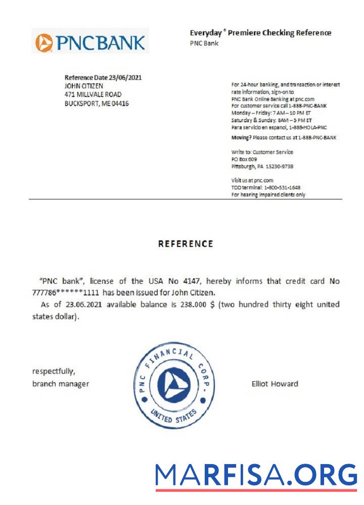 США PNC Справка образец