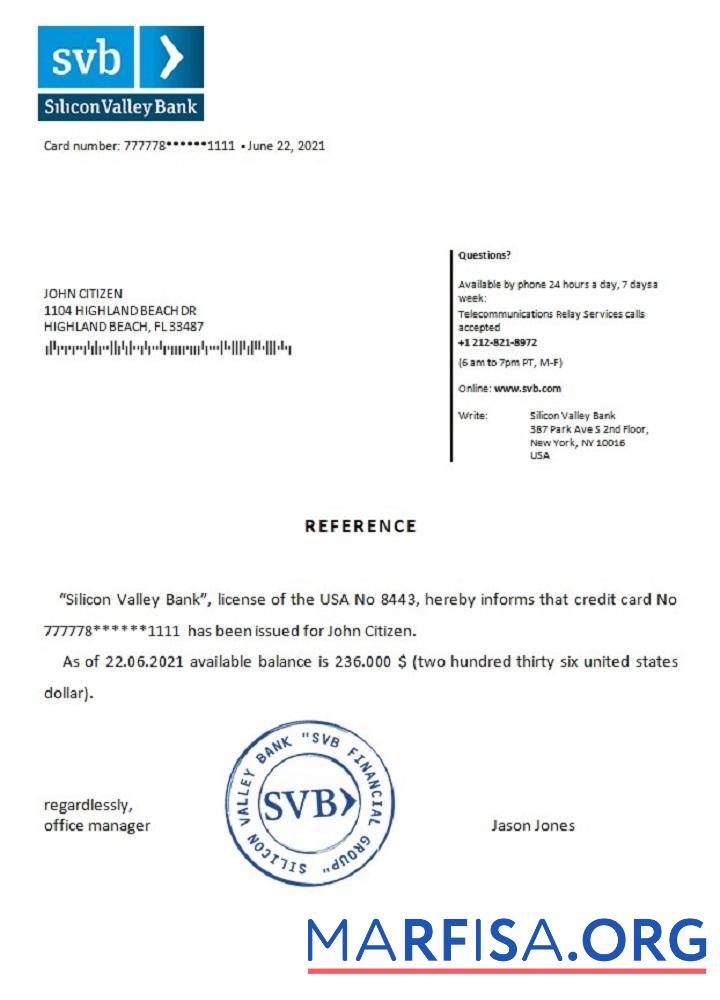 США Silicon Valley Банковский Справка образец