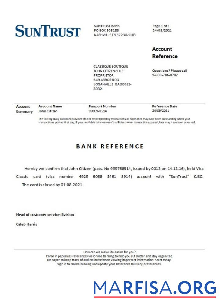 США Suntrust closure Справка дизайн