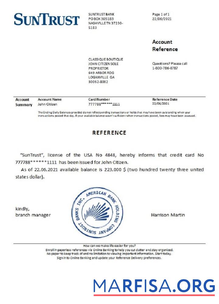 США Suntrust Справка шаблон