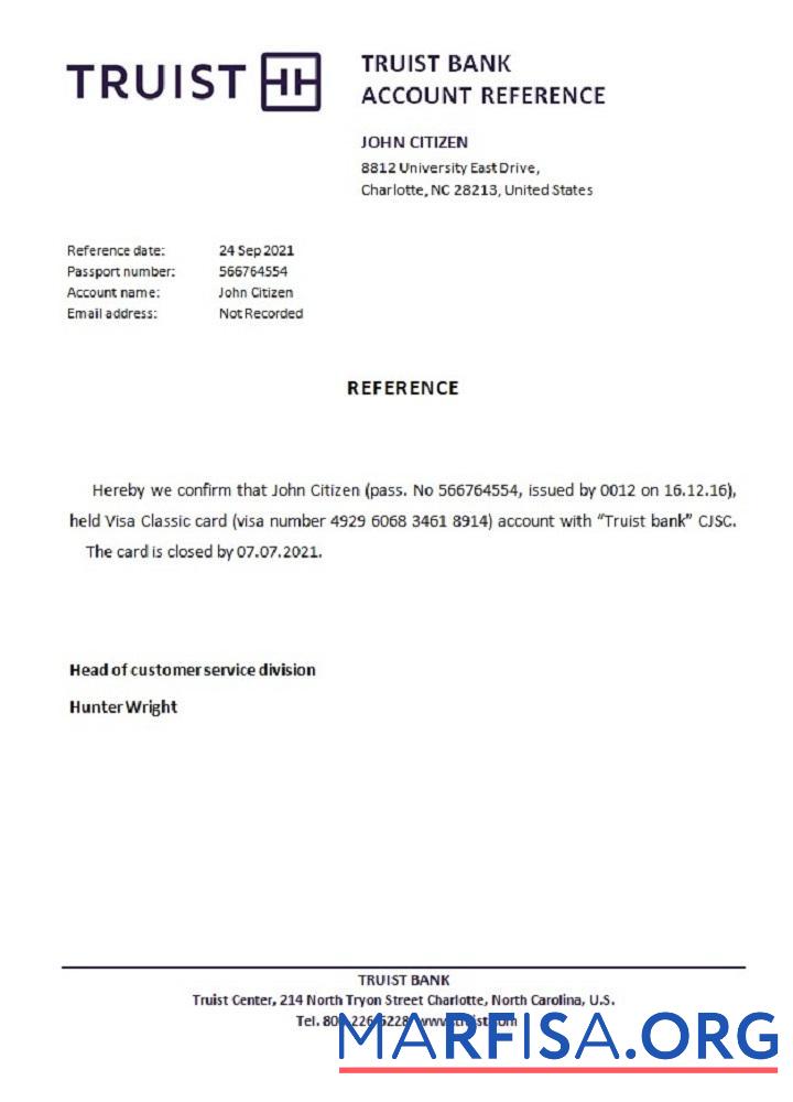 США Truist Банковский closure Справка шаблон