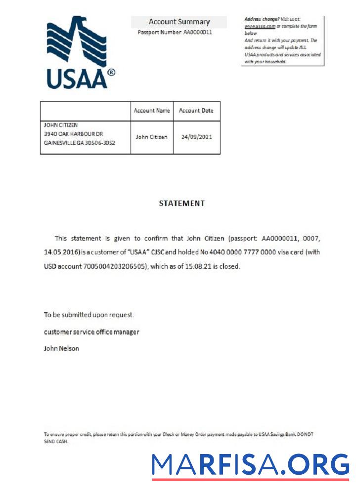 США USAA closure Справка макет