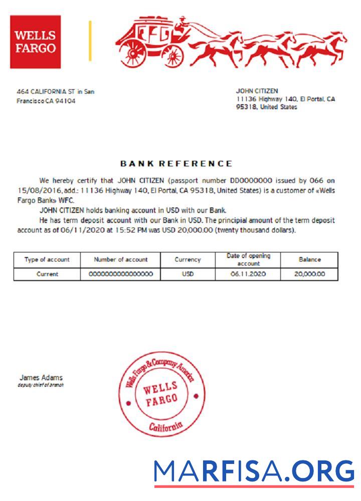 США Wells Fargo Банковский Справка макет