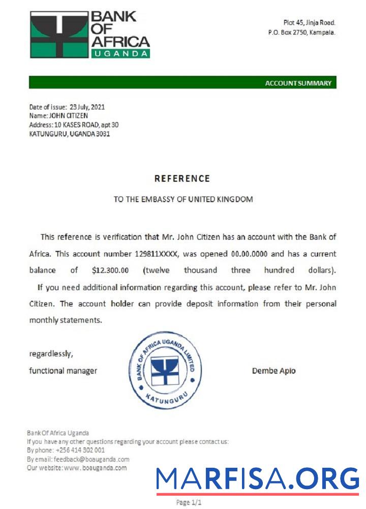 Уганда Банковский of Africa Справка образец
